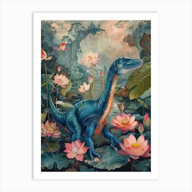 Dinosaur With Lotus Flowers Painting 1 Art Print