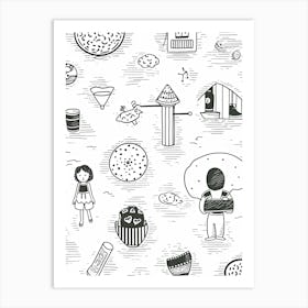 At The Beach Black And White Line Art Art Print