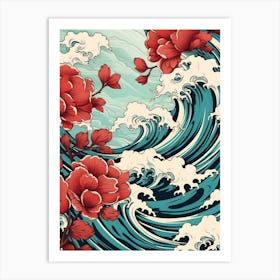 Great Wave With Camellia Flower Drawing In The Style Of Ukiyo E 3 Art Print