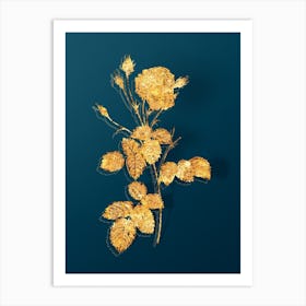 Vintage Provence Rose Botanical in Gold on Teal Blue n.0215 Art Print