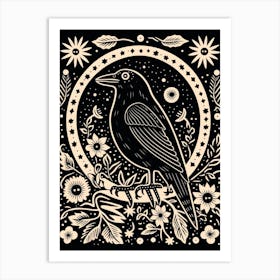 B&W Bird Linocut Raven 3 Art Print