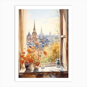 Window View Of Frankfurt Germany In Autumn Fall, Watercolour 4 Affiche