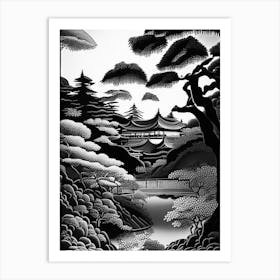 Adachi Museum Of Art, Japan Linocut Black And White Vintage Art Print