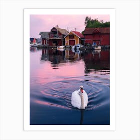 Swan By The Boathouses Art Print