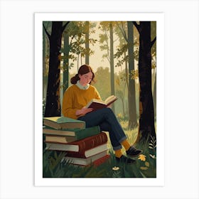 Girl Reading Book In The Forest Art Print