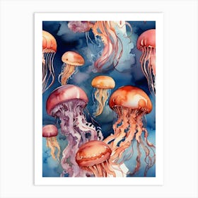 Watercolor Marine Jellyfishes Art Print 2 Art Print
