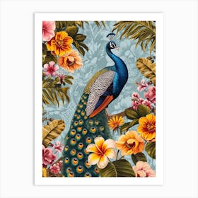Peacock With Tropical Flowers Wallpaper Art Print
