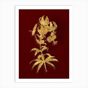 Vintage Turban Lily Botanical in Gold on Red n.0135 Art Print