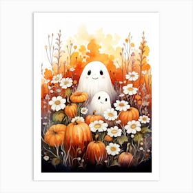 Cute Bedsheet Ghost, Botanical Halloween Watercolour 59 Art Print