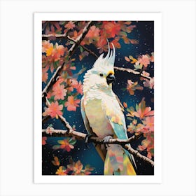 cosmic geometric cockatoo in a tree surrounded by flowers Art Print