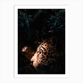 Jaguar And Luminous Butterfly In Jungle 1 Art Print