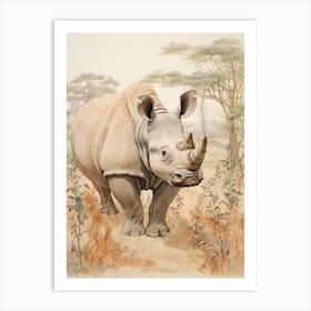 Rhino Walking Through Nature Vintage Illustration 2 Art Print