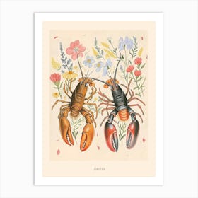 Folksy Floral Animal Drawing Lobster Poster Art Print