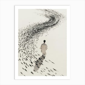 A Man Wearing Traditional Chinese Hanfu Walks On The Ground, With Many Chinese Characters Written In Black Ink Forming An Abstract Wave Shape Around Him, Against A Pure White Background 1 Poster