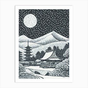 A Snow Covered Village With A Distant View Of A Pagoda Ukiyo-E Style Art Print