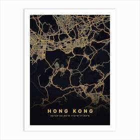 Hong Kong Black And Gold Map Art Print