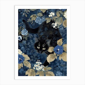 Black Cat In Blue Flowers 9 Art Print