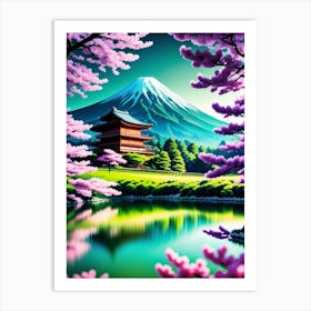 Japanese Cherry Blossoms Mount Fuji Japan Beautiful Lake Landscape Art Print