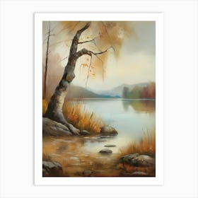 Autumn Lake,Forest Lake, Vintage Oil Painting, Farmhouse Wall Decorations, Antique Landscape, Vintage Landscape Oil Painting.3 2 Art Print