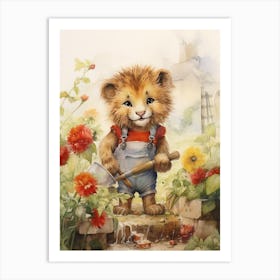 Gardening Watercolour Lion Art Painting 3 Art Print