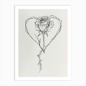 English Rose In A Heart Line Drawing 4 Art Print