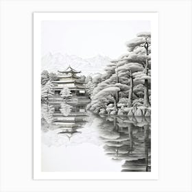 Kinkaku Ji (Golden Pavilion) In Kyoto, Ukiyo E Black And White Line Art Drawing 3 Art Print