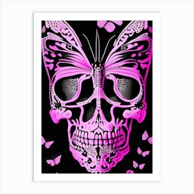 Skull With Butterfly Motifs Pink Linocut Art Print