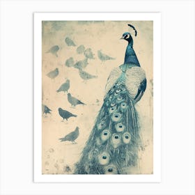 Vintage Peacock With Birds Cyanotype Inspired Turquoise Art Print