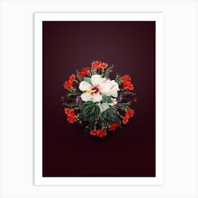 Vintage Marsh Hibiscus Floral Wreath on Wine Red n.0783 Art Print