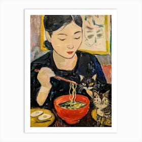 Portrait Of A Woman With Cats Eating Ramen 4 Art Print