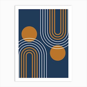 Mid Century Modern Geometric B25 In Navy Blue And Copper (Rainbow And Sun Abstract) 01 Art Print