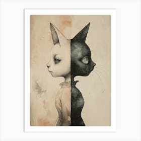 Twin Cats Split Screen Dark Goth Fantasy Drawing Art Print