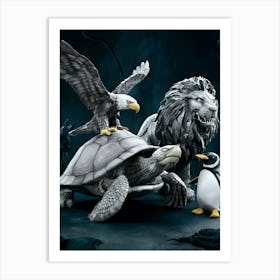 Lion Tortoise Penguin Art Art Print