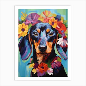 Dachshund Portrait With A Flower Crown, Matisse Painting Style 1 Art Print