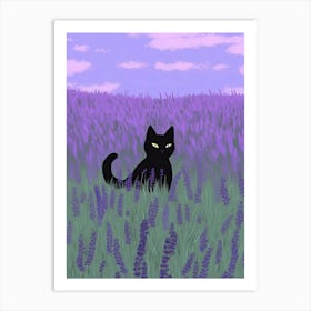 Black Cat In A Lavender Field Art Print