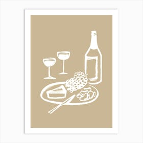 Wine and Cheese Aperitif Kitchen Illustration - White Beige Art Print