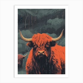 Orange & Black Highland Cow In The Rain  Art Print