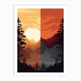 Sunset With Mountains And Trees Art Print