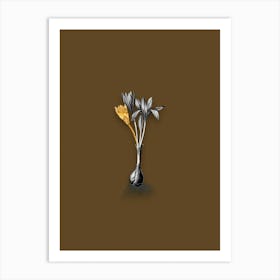 Vintage Autumn Crocus Black and White Gold Leaf Floral Art on Coffee Brown n.0530 Art Print
