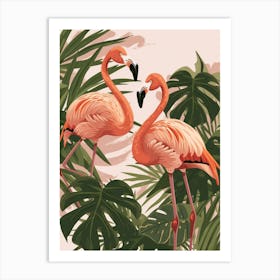 Lesser Flamingo And Monstera Deliciosa Boho Print 3 Art Print