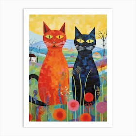 Cats In The Field With A Medieval Village In The Background 4 Art Print