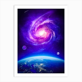 Purple Galxy With Moon And Earth In Space Art Print