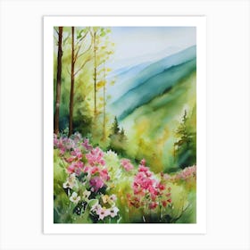 Smoky Mountains Painting, Spring Flowers, Watercolor Art, Appalachian Mountain Landscape Wall Art, Mountain Forest Print..181 Art Print