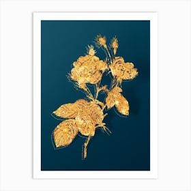 Vintage Anemone Centuries Rose Botanical in Gold on Teal Blue n.0334 Art Print
