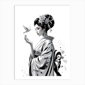 Geisha and Bird Drawing Art Print