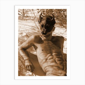male nude photo photography fine art homoerotic gay art beige sepia man naked body hairy mask taurus minotaur erotic bedroom Art Print