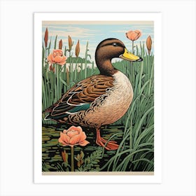 Vintage Bird Linocut Mallard Duck 1 Art Print