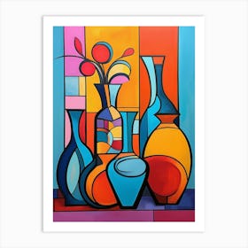 Still Life VIII, Avant Garde Abstract Vibrant Painting in Cubism Picasso Style Art Print