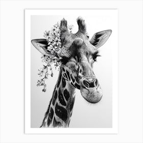 Giraffe With Their Head In The Flowers 4 Art Print