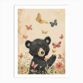 American Black Bear Cub Playing With Butterflies Storybook Illustration 2 Art Print